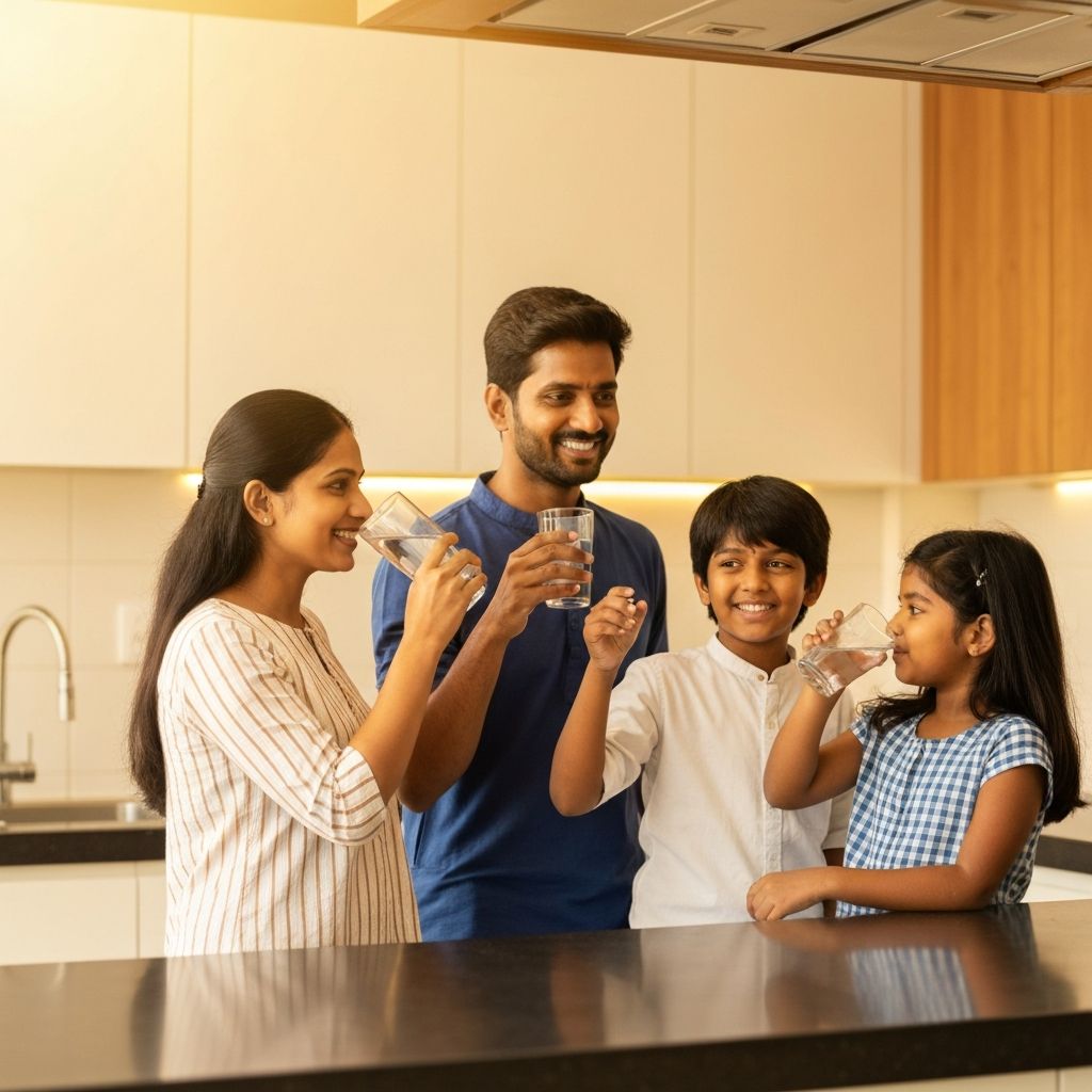 Happy Indian family drinking clean water
